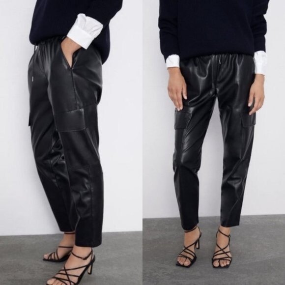 Black Zara Faux Leather Elastic Drawstring Waist Cargo Jogger Pants (NWT) - Picture 2 of 6